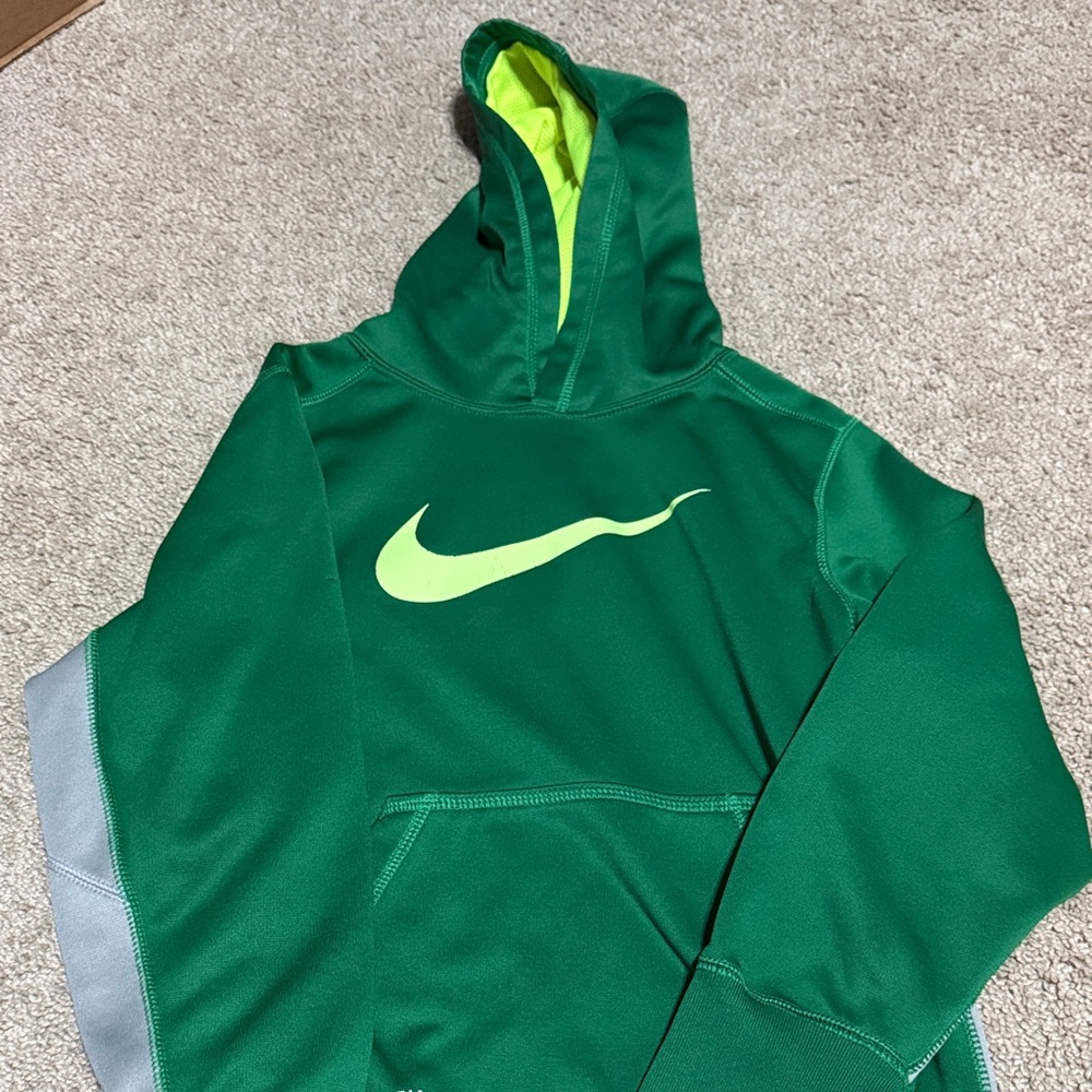 Nike Kids Green Hoodie with Neon Yellow Swoosh